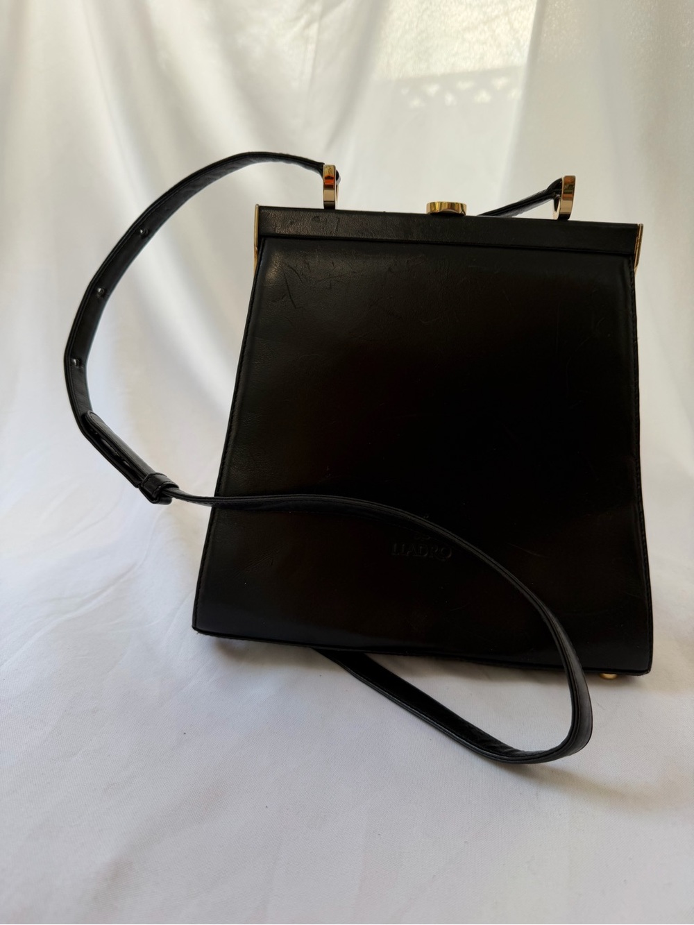 Vintage LLADRO Black Leather Crossbody Bag Frame Clasp Handbag Made in Spain
